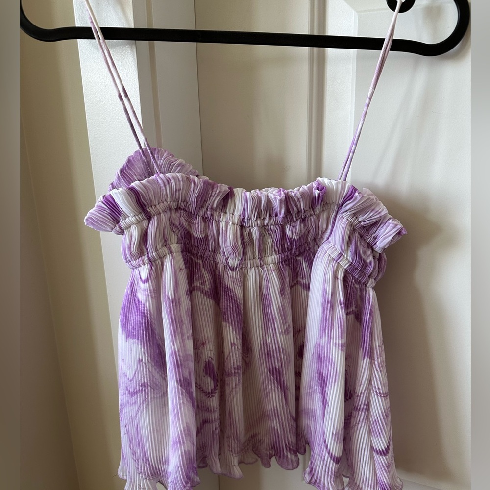 Ganni white and purple georgette pleated strap camisole